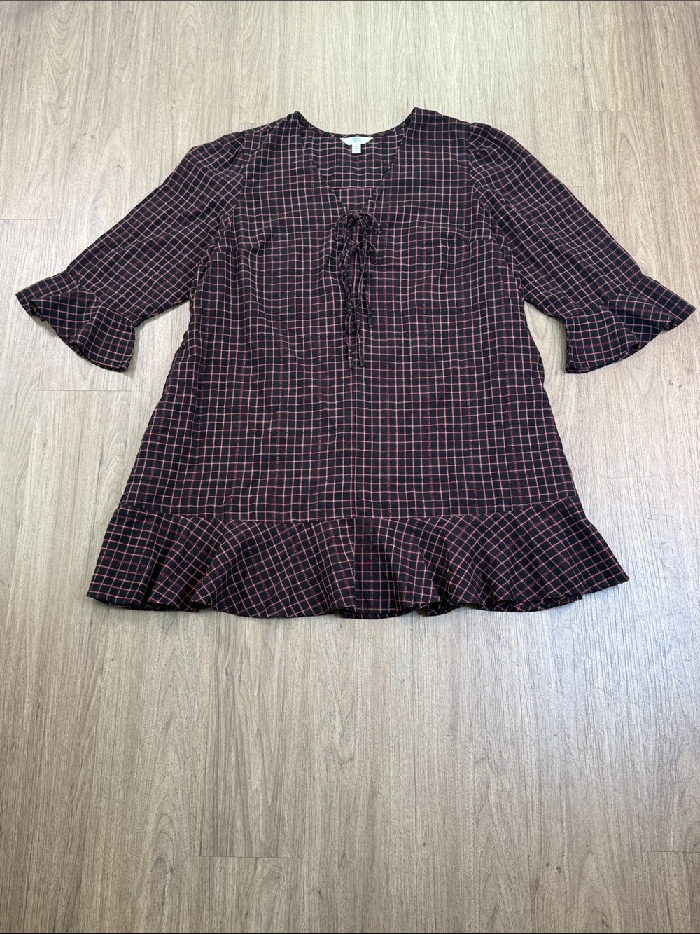 Plaid Ruffle Hem Peasant Dress Blouse - Black with Red Grid With Side Pockets